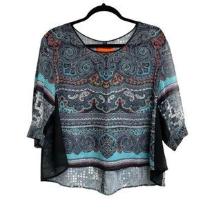 CLOVER CANYON Blue Oversized Crew Neck Blouse Print Wide Sleeves